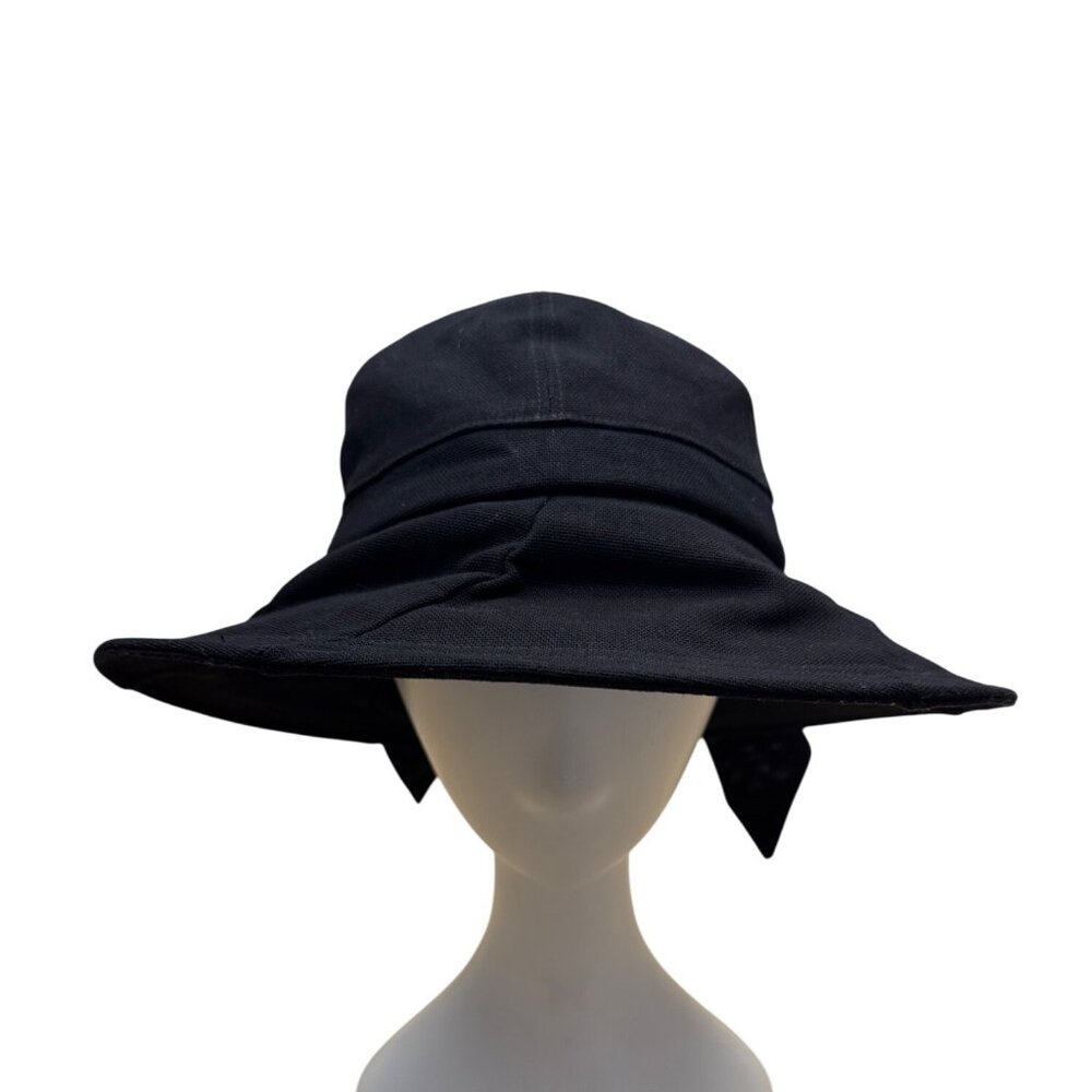 John Callanan  Black Cotton Wide Brim Bucket Hat With Bow & Logo Detail For Wome